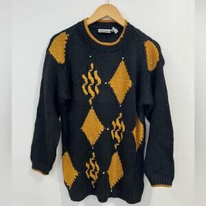 Vintage The Villager Black Gold Knit Sweater Small Granny Square